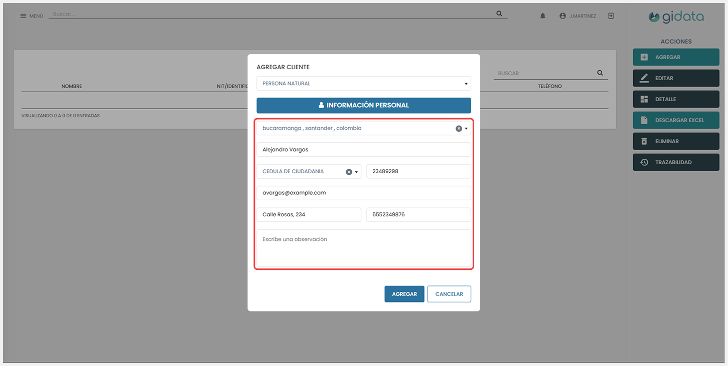 Vista del formulario ‘Agregar cliente’, donde se completan los campos con la información correspondiente de Persona natural antes de confirmar la creación mediante el botón ‘Agregar’.