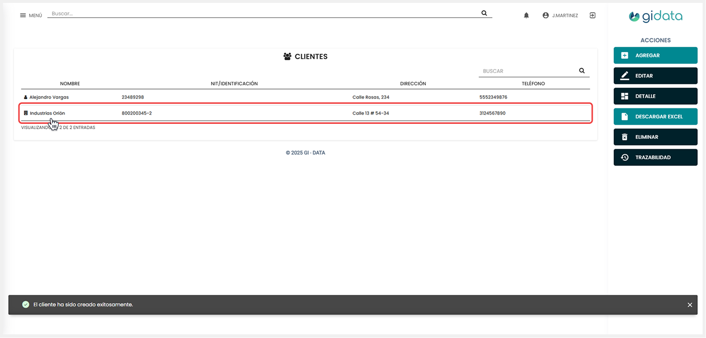 Vista del módulo donde se visualiza los clientes creados.