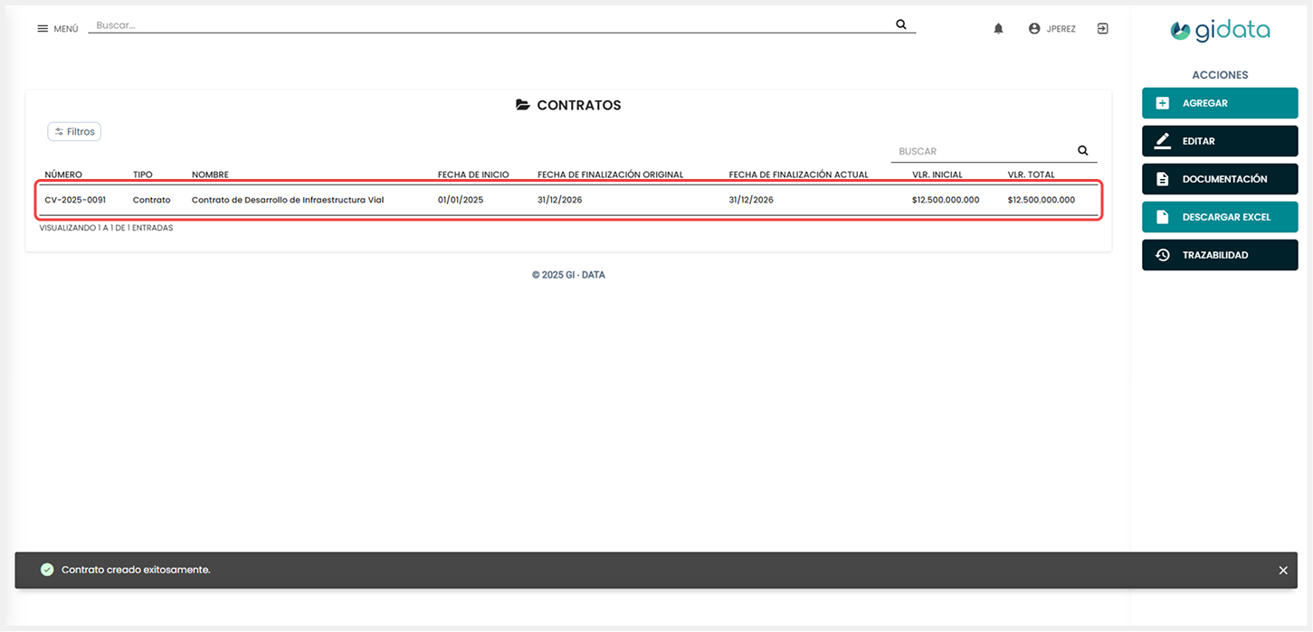 Vista del módulo donde se visualiza los contratos creados.