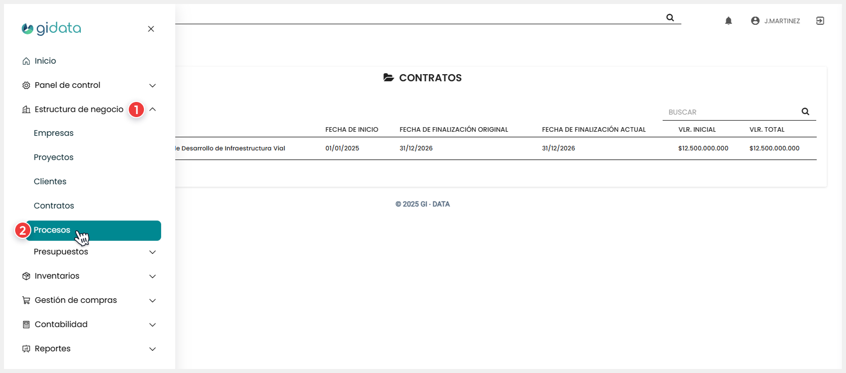 Vista del menú, módulo ‘Estructura de negocio’ donde el usuario accede al submódulo ‘Procesos’