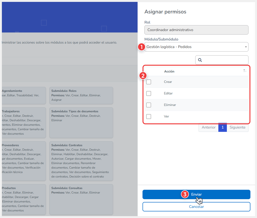 Vista del módulo donde se visualiza los contratos creados.