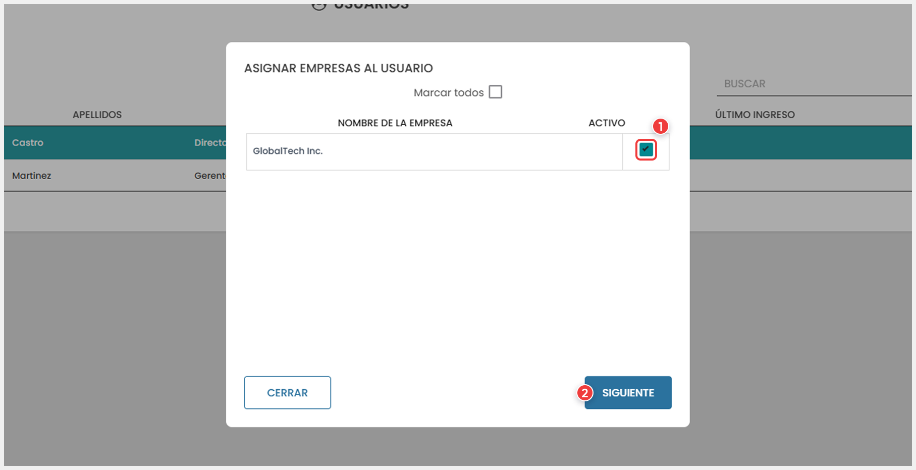 Ventana de asignación de empresas para el usuario.